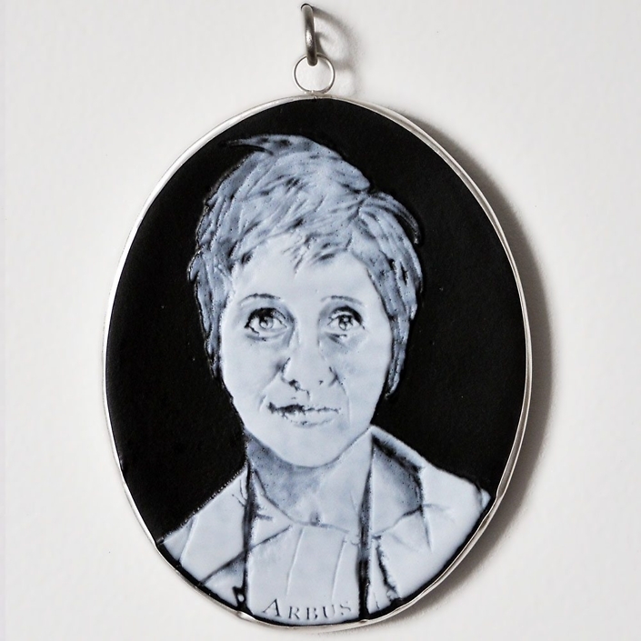 Charlotte Potter - Cameographic - Diane Arbus, 2017, hand engraved glass, silver, tin, stainless steel, 5 by 4 inches