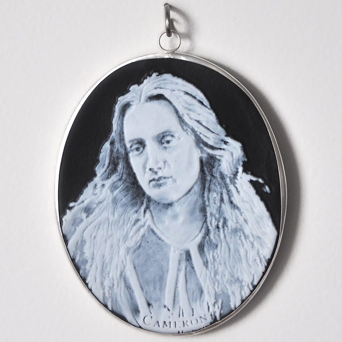 Charlotte Potter - Cameographic - Julia Margaret Cameron, 2017, hand engraved glass, silver, tin, stainless steel, 5 by 4 inches