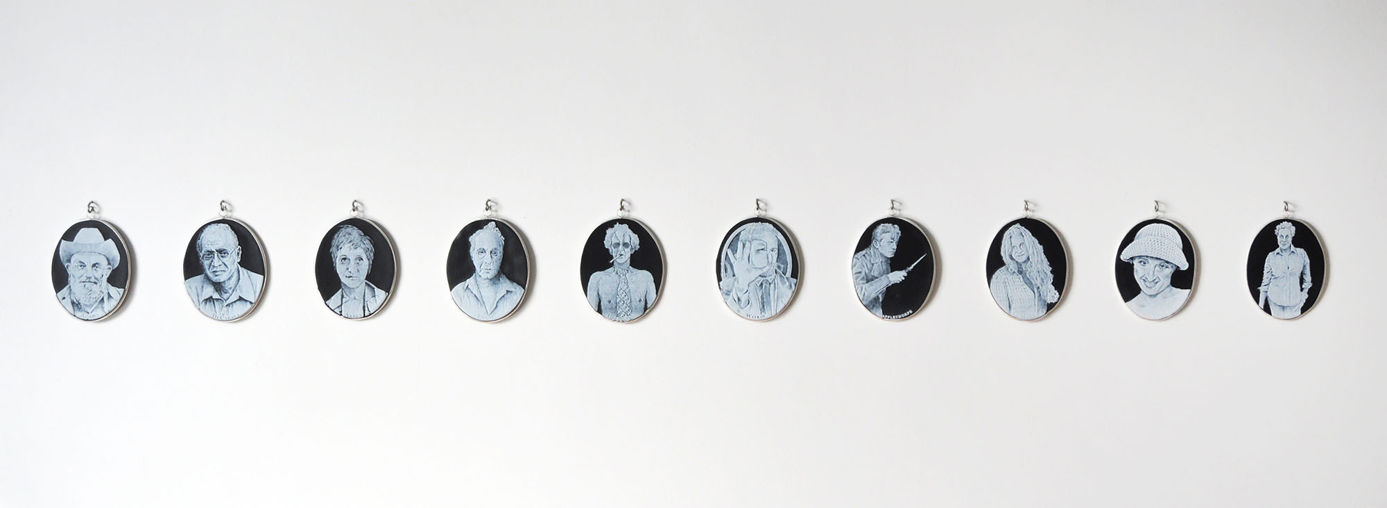 Charlotte Potter - Cameographic (installation view of 10 cameos), 2017, hand engraved glass, silver, tin, stainless steel, 5 by 4 inches each cameo, dimensions variable