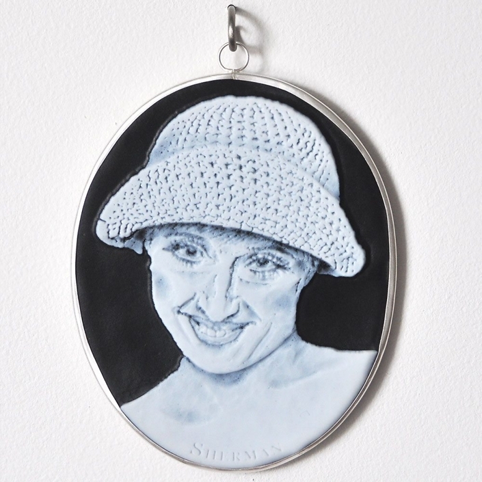Charlotte Potter - Cameographic - Cindy Sherman, 2017, hand engraved glass, silver, tin, stainless steel, 5 by 4 inches