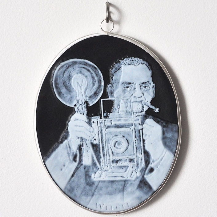 Charlotte Potter - Cameographic - Arthur Fellig Weegee, 2017, hand engraved glass, silver, tin, stainless steel, 5 by 4 inches