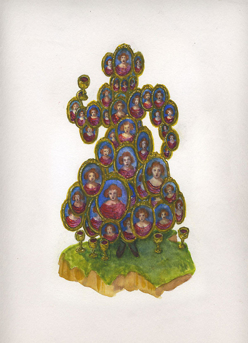 Kahn/Selesnick - Six of Cups, 2017, gouache and watercolor on paper, 19 by 13 inches