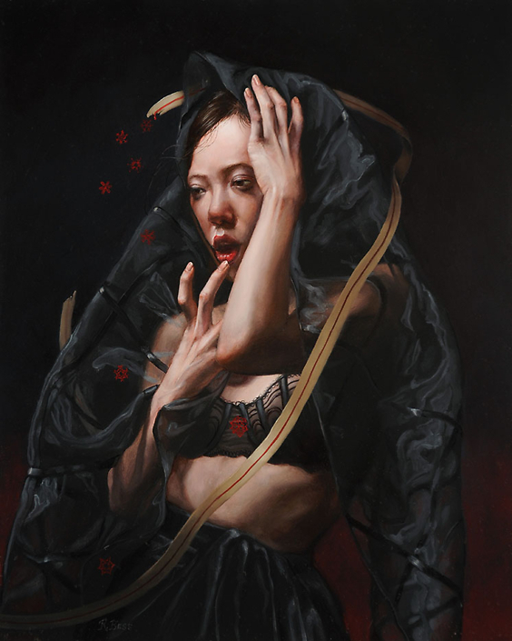 Rachel Bess - Bloodflakes Spilling from a Torn Lifeline, 2017, oil on Dibond, 10 by 8 inches