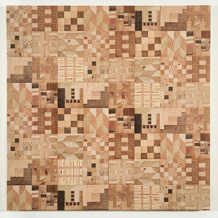 Ato Ribeiro - Untitled (Wooden Kente Quilt 10)(SOLD), 2018, repurposed wood, wood glue, 24 by 23.75 by 1 inches