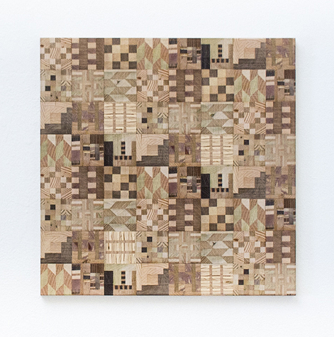 Ato Ribeiro - Untitled (Wooden Kente Quilt 10), 2018, repurposed wood, wood glue, 24 by 23.75 by 1 inches