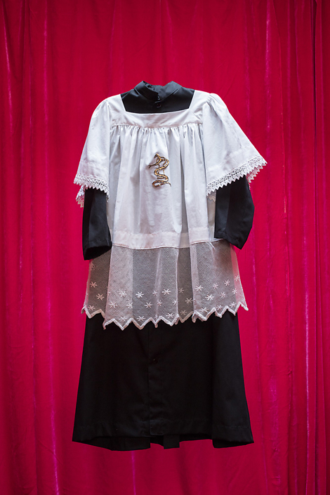 Trina MicKillen - The Children (detail), 2015-2018, 20 communion dresses, 20 altar boy vestments, Irish linen, thread, gold leaf, dimensions vary