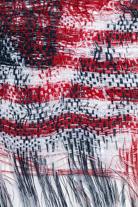 Sonya Clark - Interwoven (detail) (SOLD), 2016, unwoven and rewoven commercially printed flags, 6 by 6 inches unframed / 12 by 11.75 inches framed