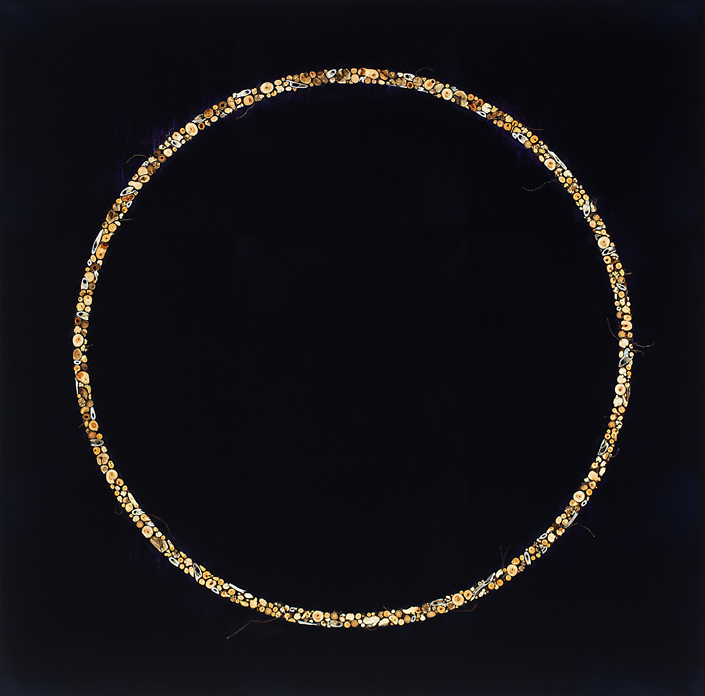 Mayme Kratz - Circle Dream 75 (SOLD), 2018, resin, deer bone and teeth, cottonwood and juniper berries, rabbit brush and snakeweed roots on panel, 48 by 48 inches