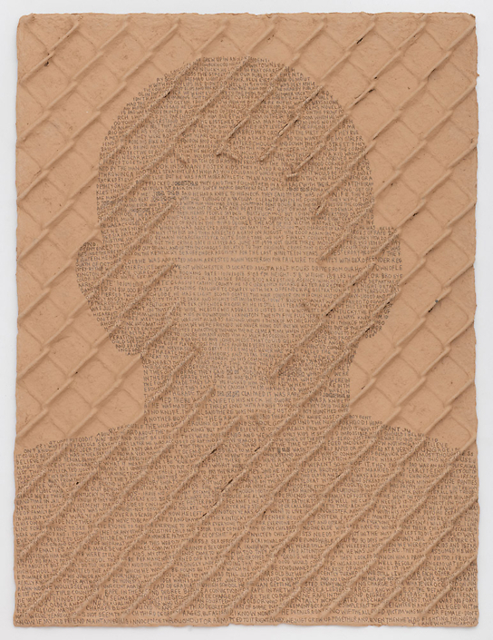 Ben Durham - (He) grew up, 2018, graphite text on handmade paper, hand-dug clay, and steel chain-link fence, 35 by 26 inches unframed