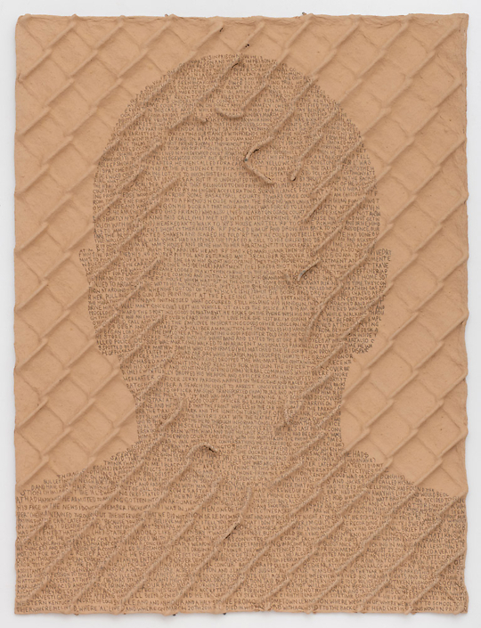 Ben Durham - (He) is in prison now... (SOLD), 2018, graphite text on handmade paper, hand-dug clay, and steel chain-link fence, 35 by 26 inches unframed