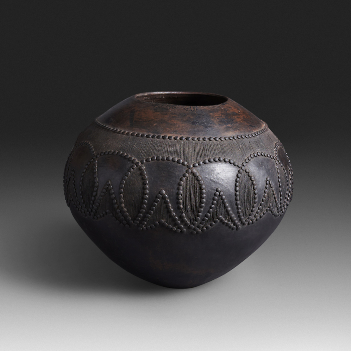 Mncane Nzuza - Ukhamba #19333 (SOLD), ceremonial beer-serving vessel, pit-fired hand-built earthenware with burnished surface, 12.5 by 14.5 inches diameter