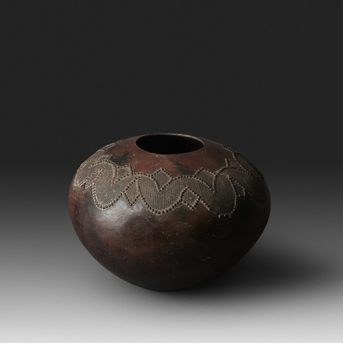 Mncane Nzuza - Ukhamba #101 (D2) (SOLD), ceremonial beer-serving vessel, pit-fired hand-built earthenware with burnished surface, 11.5 by 17.5 inches diameter