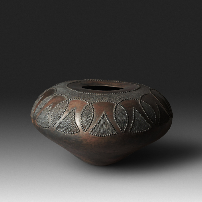 Mncane Nzuza - Ukhamba #102 (A1) (SOLD), ceremonial beer-serving vessel, pit-fired hand-built earthenware with burnished surface, 13.5 by 27.5 inches diameter