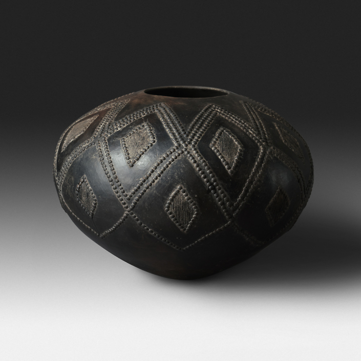 Mncane Nzuza - Ukhamba #110 (J1) (SOLD), ceremonial beer-serving vessel, pit-fired hand-built earthenware with burnished surface, 14.5 by 23.5 inches diameter
