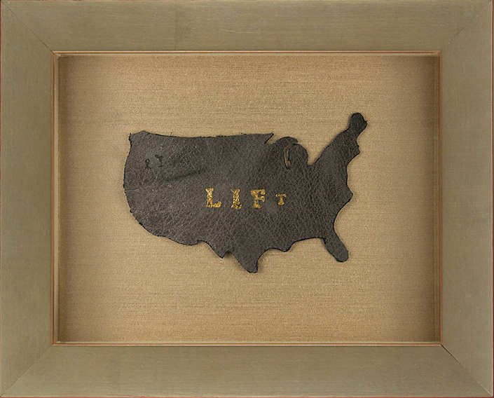 Sonya Clark - Lift, 2018, leather and gold leaf, 8.5 by 10.5 inches framed