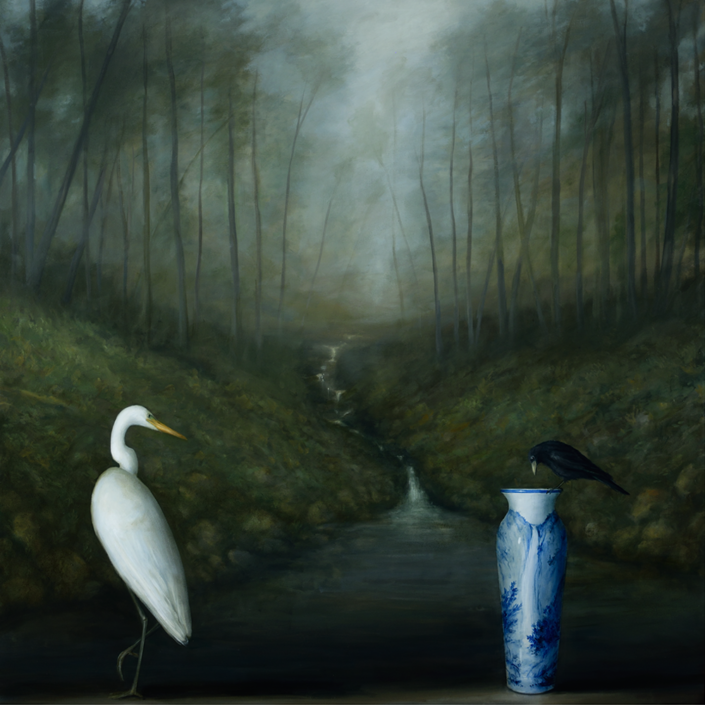 David Kroll - Woodland Landscape (Egret and Crow), 2020, oil on linen, 58 by 58 inches