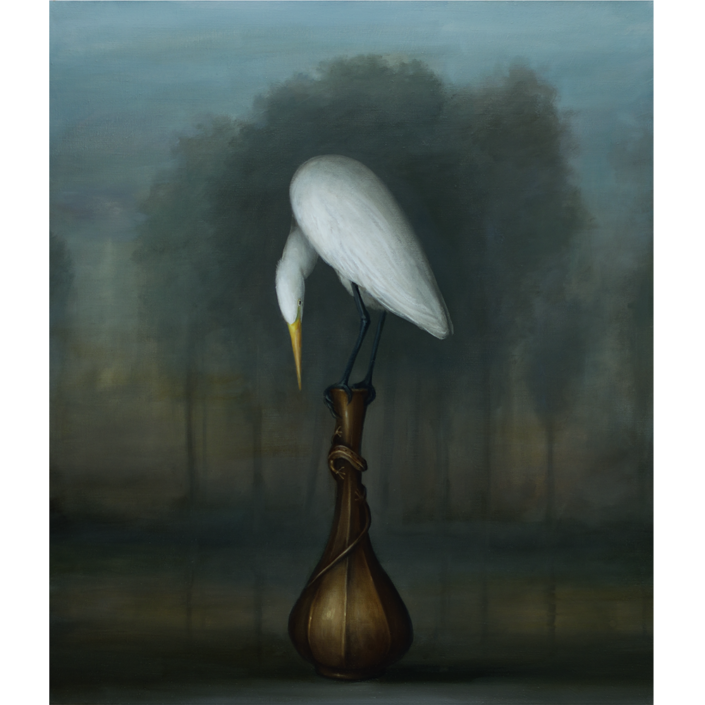 David Kroll - Landscape (Egret and Bronze Vase) (SOLD), 2020, oil on linen, 32 by 28 inches