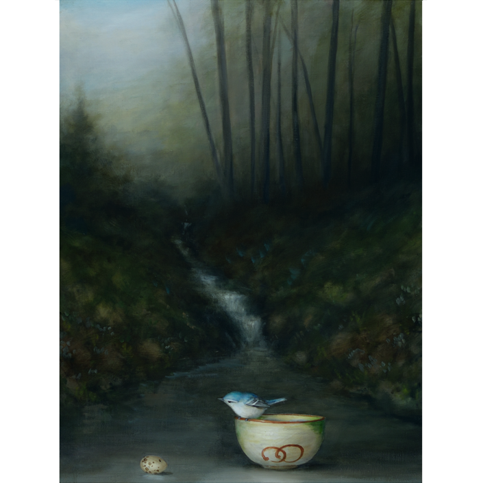 David Kroll - Woodland Landscape (Tea Bowl), 2020, oil on linen covered panel, 24 by 18 inches