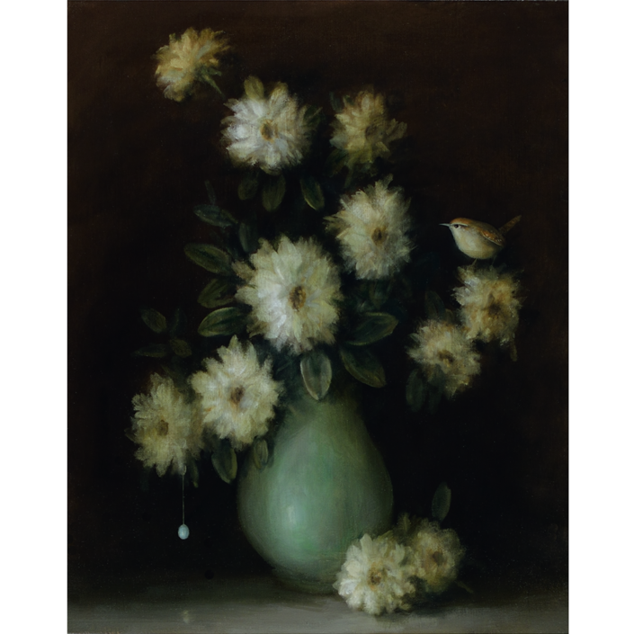 David Kroll - Floral Still Life (Wren and Vase), 2020, oil on linen covered panel, 20 by 16 inches