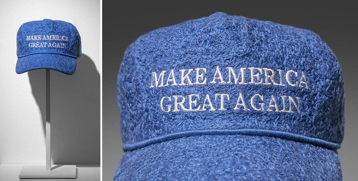 Ann Morton - Blue MAGA, 2020, official "Donald J. Trump Make America Great Again Hat - Red Red Cap/Red", blue embroidery floss, 8 x 10.5 x 6 inches (16.5 inches tall with stand), unique