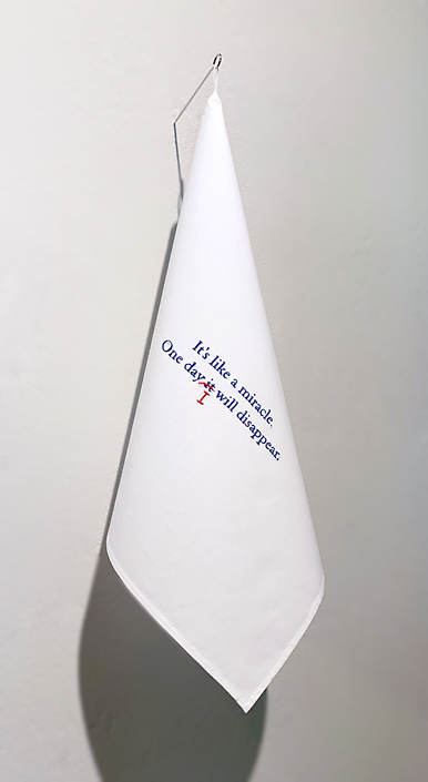 Ann Morton - Proof-Reading 6, 2020, handmade handkerchief with embroidery, hanging dimensions: 15 by 4 by 3 inches