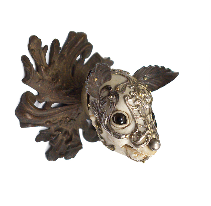 Jessica Joslin - Choco, 2020, antique hardware and findings, brass, bone, glove leather, glass eyes, 3.75 x 3.75 x 3.5 inches