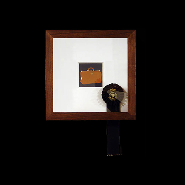 Carrie Marill - Duke and Duchess Series (SOLD): 2261: A lady's jewelry case, Goyard Paris, paper, walnut, gouache and ribbon, 13.5 by 13.5 inches framed, not including ribbon
