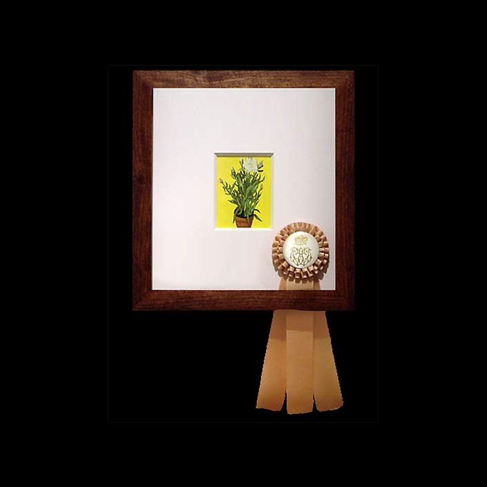 Carrie Marill - Duke and Duchess Series (SOLD): 2482: Edward molyneux, Carnation in a Pot (American b. 1896), paper, walnut, gouache and ribbon, 14.25 by 13.25 inches framed, not including ribbon