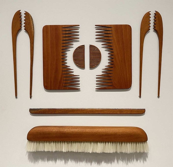 Merryn Omotayo Alaka and Sam Fresquez - Future Artifacts Set #1 (SOLD), 2022, Hand carved African mahogany wood, 24" x 26"