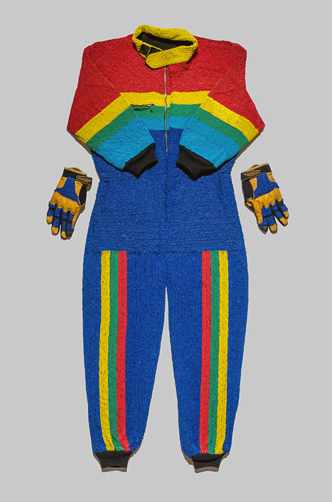 Sam Fresquez - Rainbow Warrior (SOLD), 2022, glass seed beads, fireline, Phoenix International Raceway firesuit