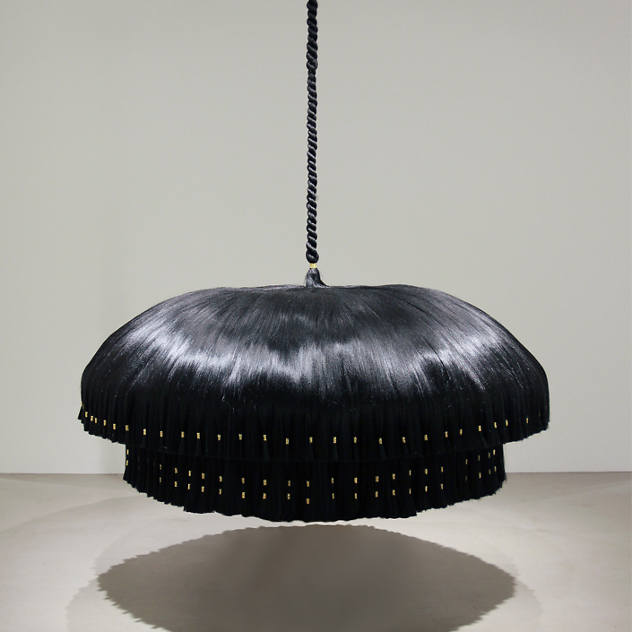 Merryn Omotayo Alaka & Sam Fresquez - Double Take, 2021, Kanekalon hair and braid clamps, steel, wire, 81 by 59 by 59 inches