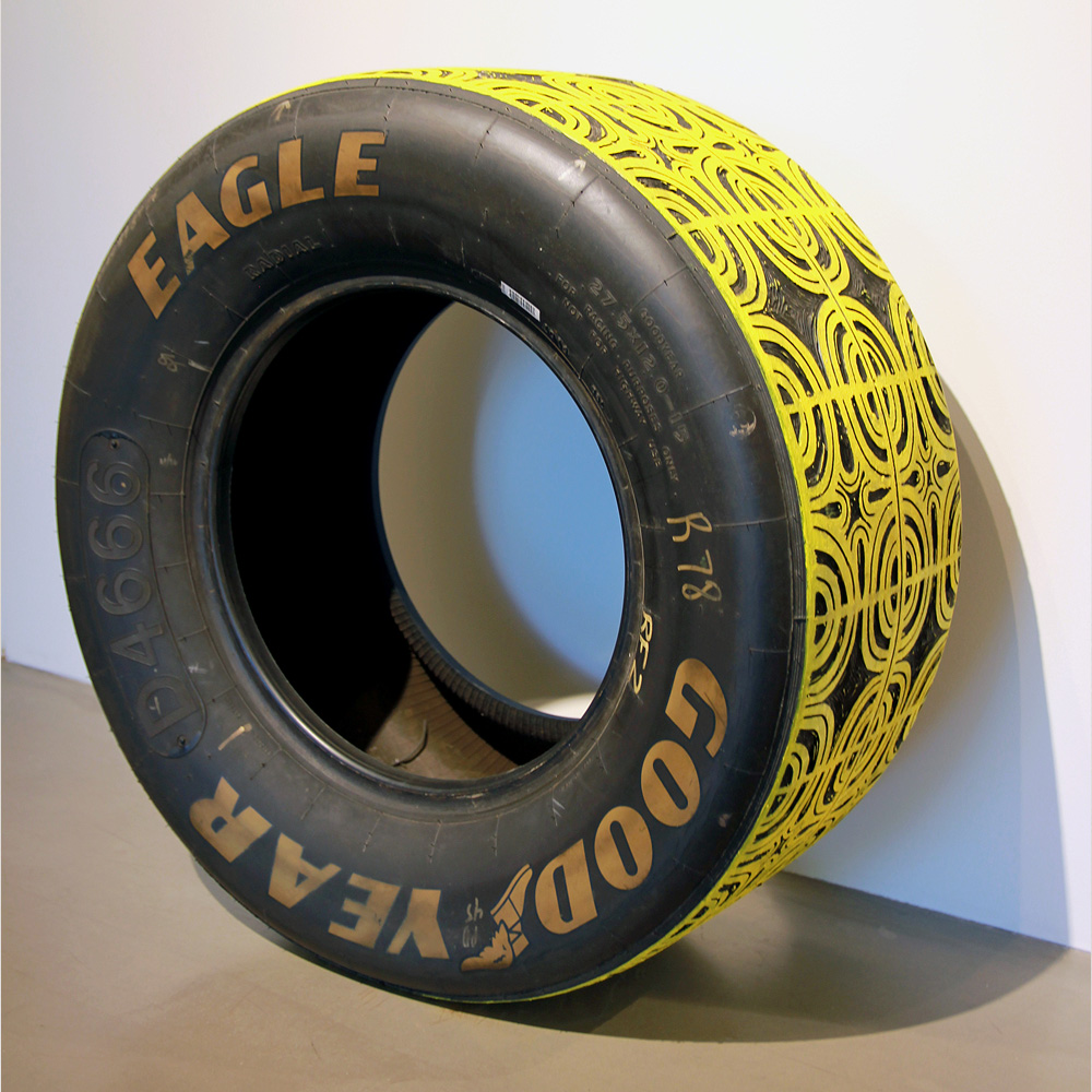 Sam Fresquez - Second Place is the First Loser (SOLD), 2021, hand carved stock car tire, acrylic, 27.5 diameter by 12 inches