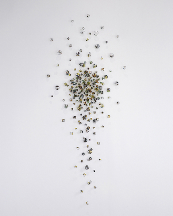 Alan Bur Johnson - a flock, a swarm, 2020, photographic transparencies, metal frames, dissection pins, 93.5 x 39 x 2 inches
