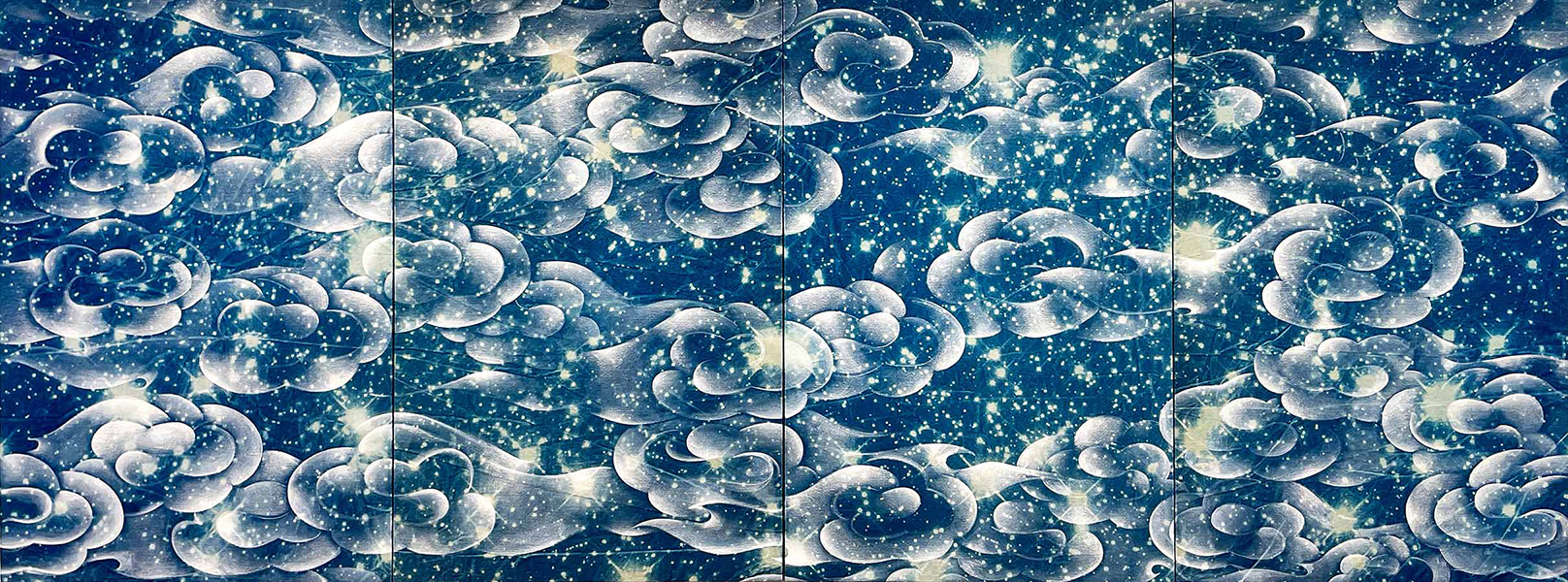 Ala Ebtekar - Zenith (IX) (SOLD), 2022, acrylic over cyanotype exposed by sunlight on canvas, 30" x 80" overall (4 panels)
