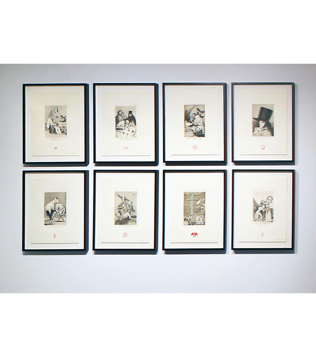 Enrique Chagoya - Recurrent Goya (Suite of 8 prints) (installation view), 2012, intaglio with letterpress, 14.5 by 11 inches each, edition of 8