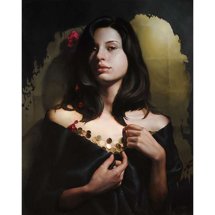 Rachel Bess - Peeling Off the Darkness, 2015, oil on panel, 18 by 14.5 inches painting, 25.25 by 22 framed