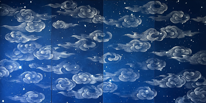 Ala Ebtekar - Zenith (X), 2022, acrylic over cyanotype exposed by sunlight on canvas, 72 x 144 inches overall (4 panels: 72 x 36 inches each)