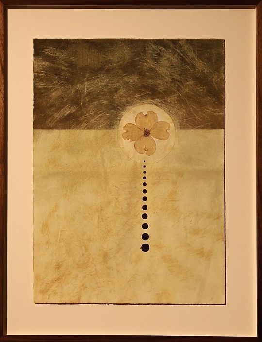 Mayme Kratz - Forest Study 3 (SOLD), paper, gouache, dogwood flower, cold wax, pigment from tea and river 14.5" x 11" unframed 19.25" x 15.25" framed