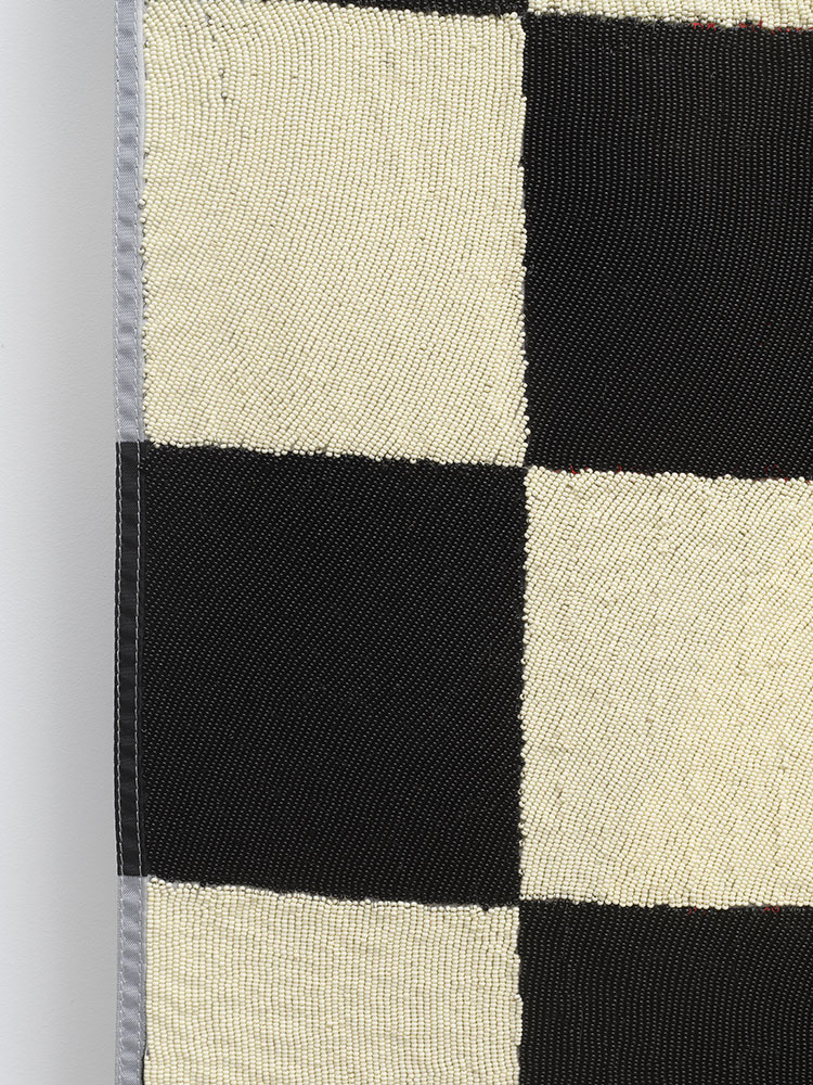 Sam Fresquez - But If You Won, How Am I Gunna Win? (detail), 2022, glass seed beads, checkered flag, 31.25" x 23.5"