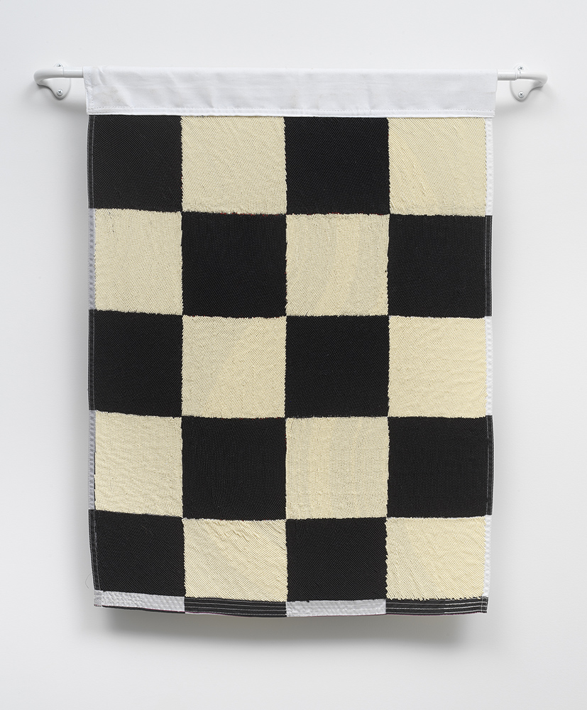 Sam Fresquez - But If You Won, How Am I Gunna Win?, 2022, glass seed beads, checkered flag, 31.25" x 23.5"