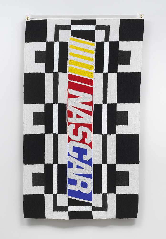 Sam Fresquez - NASCAR Nation, 2022, glass seed beads, checkered flag, 60" x 34.5"