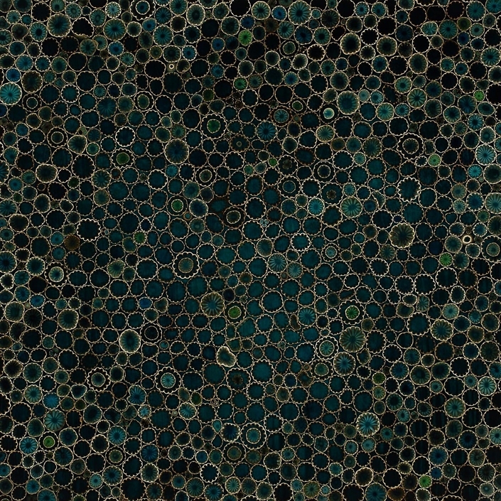 Mayme Kratz - Winter Bloom 1, 2023, resin, poppy pods, hesperaloe seeds on panel, 48" x 48"