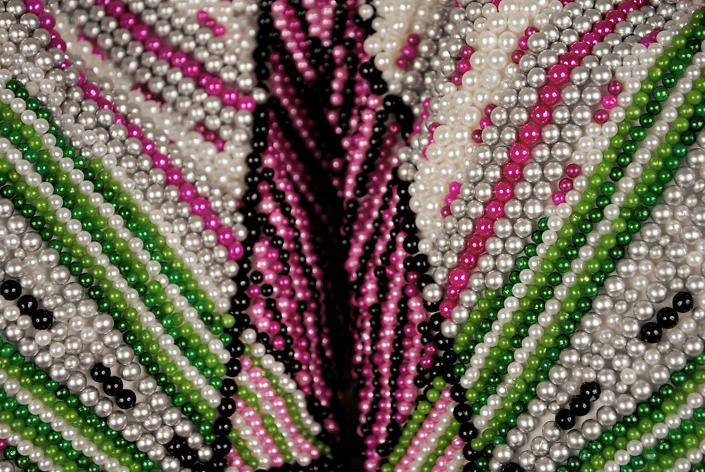 Angela Ellsworth - Pantaloncini: Work No. (indeterminate radiance) (Emma)(detail)(SOLD), 2017, 50,930 pearl corsage pins and colored dress pins, fabric, steel, 28 by 35 by 11 inches