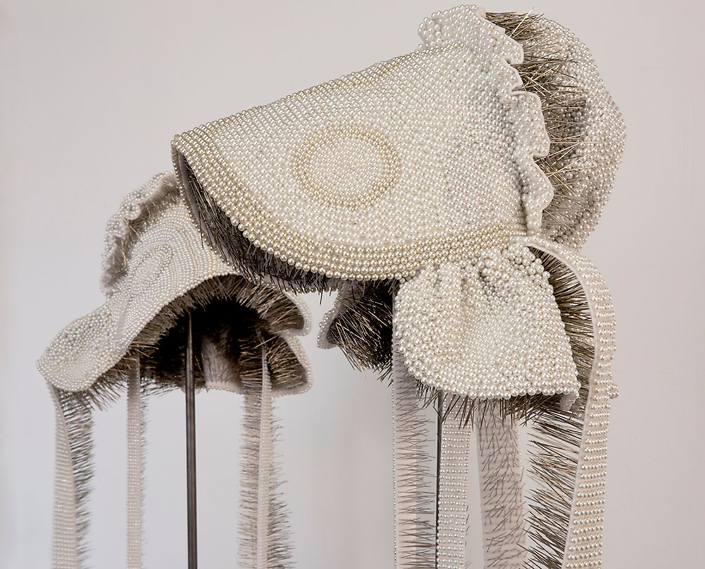 Angela Ellsworth - Seer Bonnet XXIV (Sister Sarah) and Seer Bonnet XXV (Sister Maria) (detail), 2016, 33,407 pearl corsage pins, fabric, steel, 65 by 48 by 24 inches