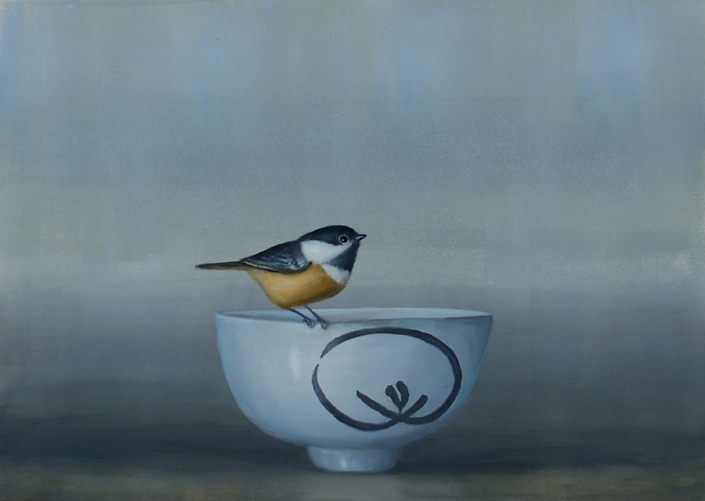 David Kroll - Untitled (chickadee) (SOLD), 2022, oil on treated paper, 9.5 x 13.5 inches image size, 11.25 x 15 inches paper size