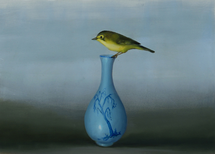 David Kroll - Untitled (warbler), 2022, oil on treated paper, 9.5 x 13.5 inches image size, 11.25 x 15 inches paper size