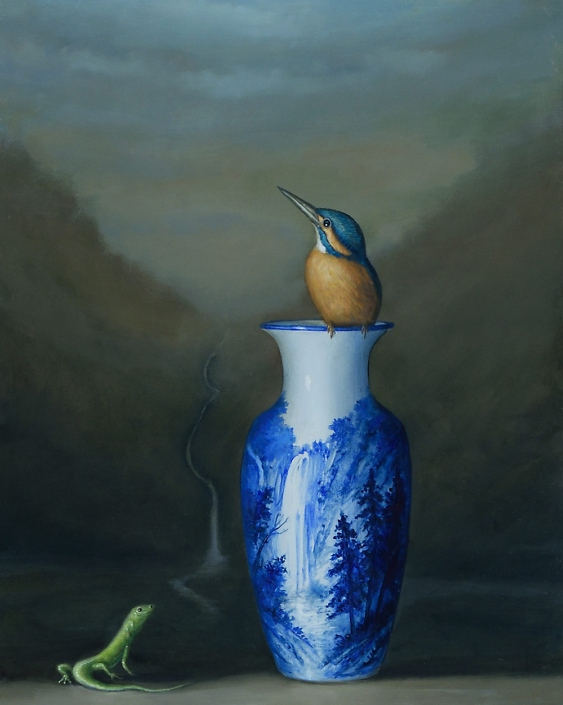 David Kroll - Landscape (Blue Waterfall), 2022, oil on panel, 20” x 16”