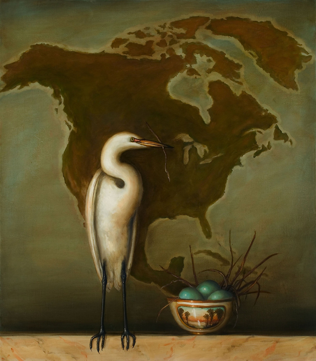 David Kroll - Egret and Bowl (SOLD), 2005, oil on linen, 32 by 28 inches