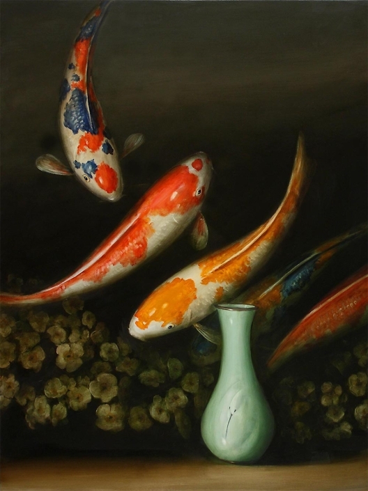 David Kroll - Koi and Egret Vase, oil painting, 24” x 18”