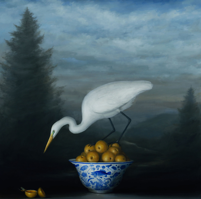 David Kroll - Landscape (Egret and Oranges) (SOLD), 2021, oil on linen, 40 x 40 inches